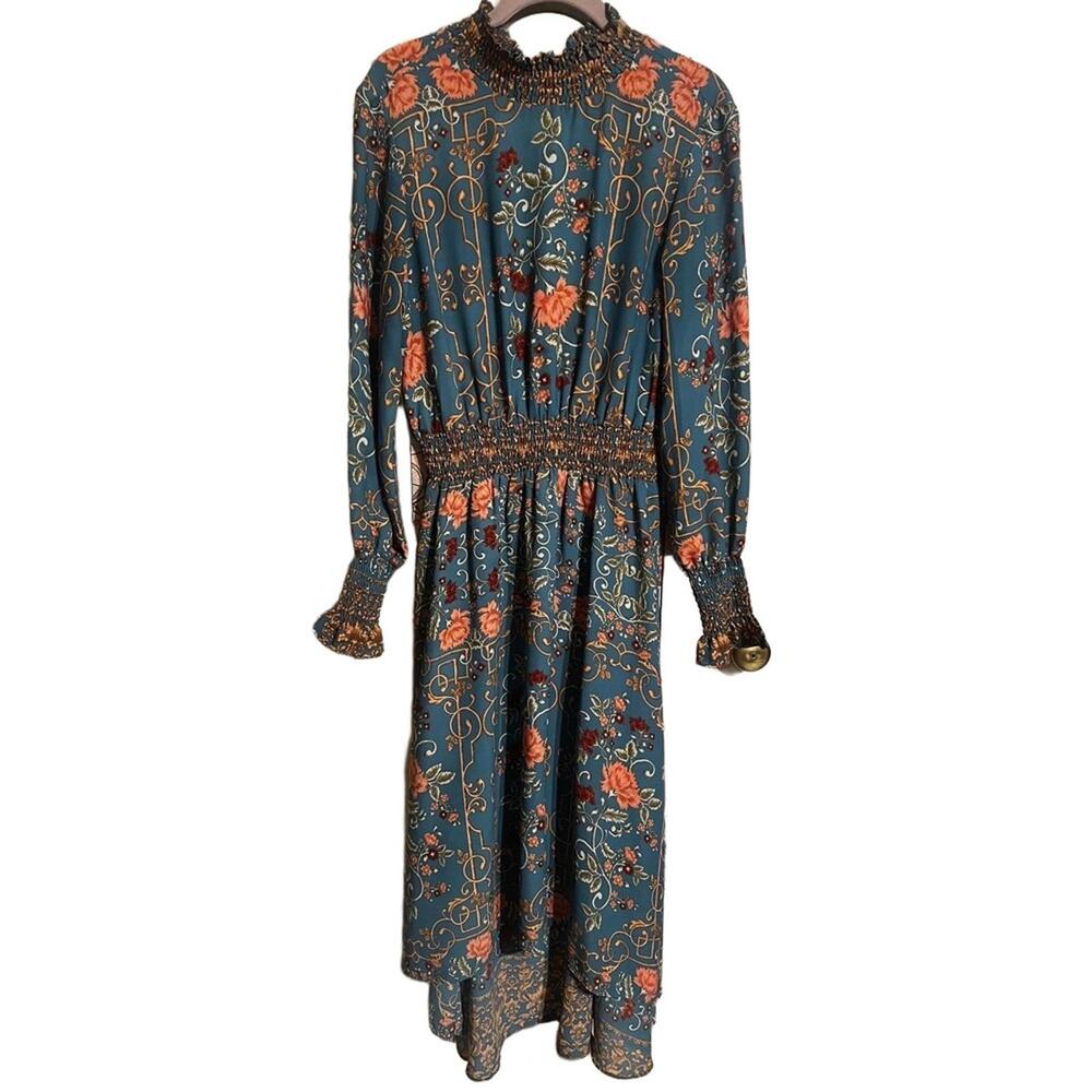 Nanette Lepore Midi Size 8 Teal Floral Print Ruffled Neck - Picture 2 of 9
